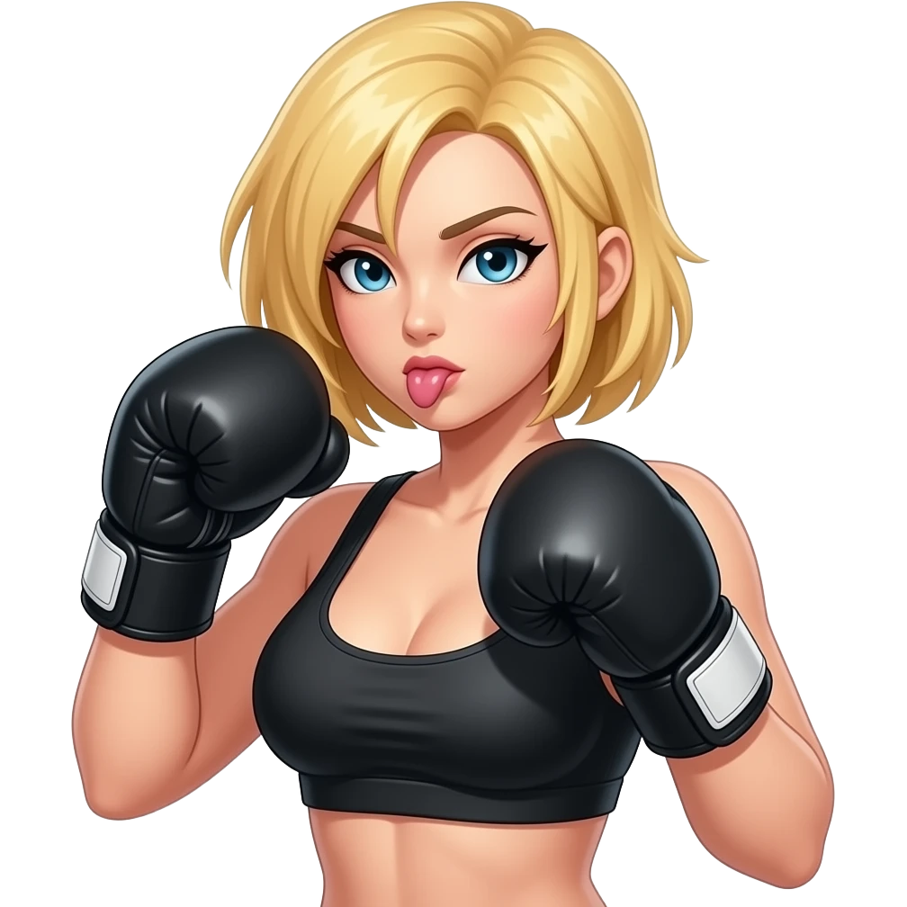 Breast boxing, blonde shoulder length haired female, android 18, from dragon ball super, in the black boxing gloves, having slobber kiss emoji