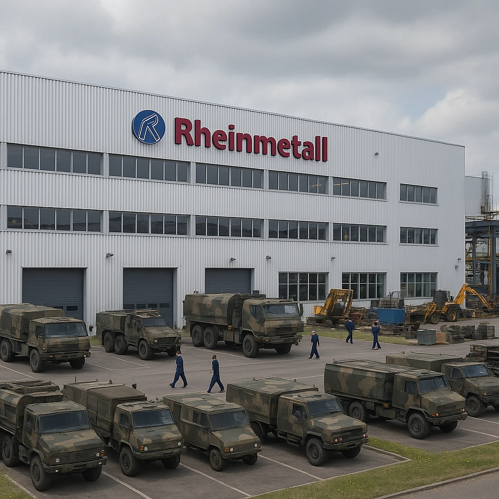 Realistic Rheinmetall factory exterior, large industrial building with Rheinmetall logo, parking lots filled with military vehicles, factory grounds with machinery and equipment, realistic lighting and shadows, industrial atmosphere, workers in uniforms walking around, camouflage colors emoji