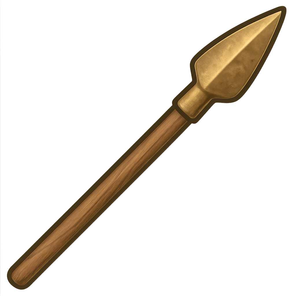 Create a bronze spear with a wooden stick handle and a single pointed bronze tip. The bronze tip should look metallic and worn, matching the style of the example image. The background should be transparent. The style should resemble an emoji style spear, focusing on clear and simple design with a bronze metallic tip and wooden handle. emoji