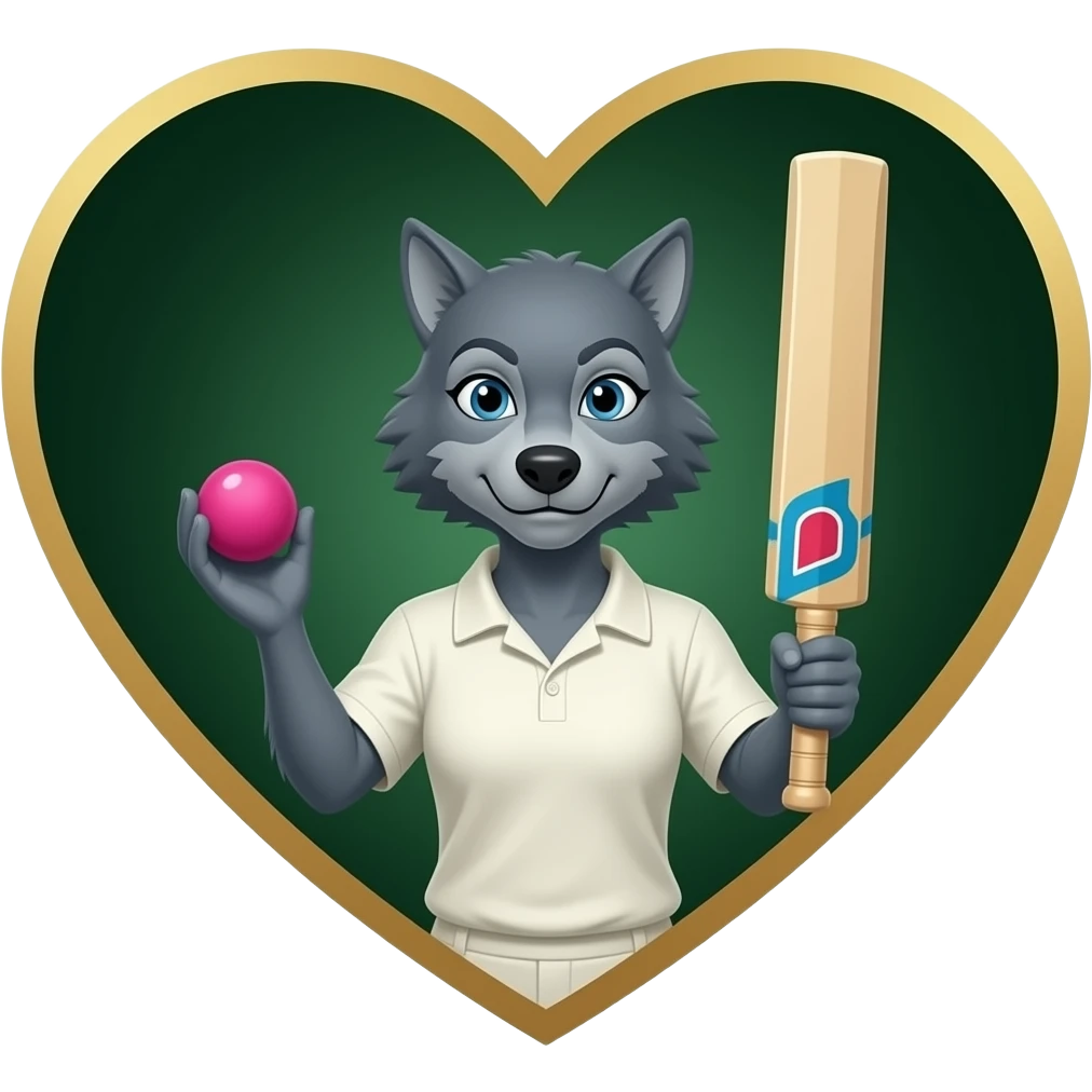 Dark Green and gold heart background with a grey female adult werewolf wearing cricket clothes holding a pink cricket ball and cricket bat emoji