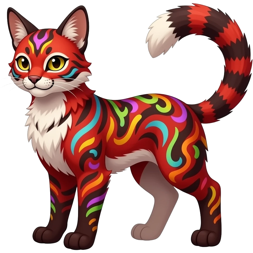 Vibrant-colored red-dark-brownish-furred colorful painted marked patterned Asian glorious divine exotic cute cool beautiful shiny beautiful fantasy-caracal-civet-genet-sergal-vernid-Cacomistle-oncilla-animal-Fakémon-hybrid-fursona (full body) emoji