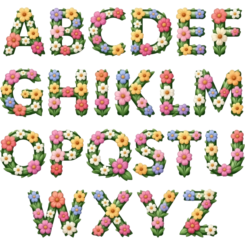 shiny floral all letters in alphabet A, B, C, D, E, F, G, H, I, J, K , L , M , N, O ,P ,Q ,R ,S,T, U, V, W, X, Y, Z emoji