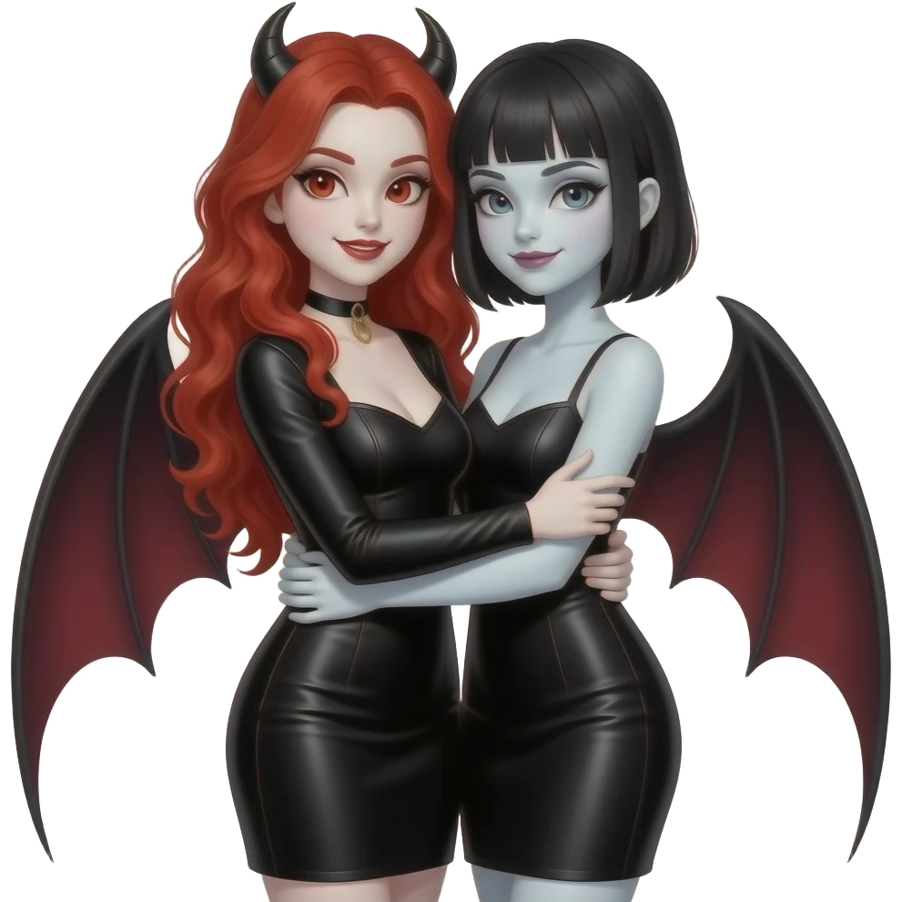 Vampiro femmina  con pelle bianca capelli lunghi  rosso fuoco ondulati e lache indossa una vestito stretto in vita nero con maniche lunghe e anfibi che arrivano alle ginocchia insieme a un vampiro femmina con la pelle bianca i capelli  corti lisci e la frangetta che si abbracciano SENZA ali emoji