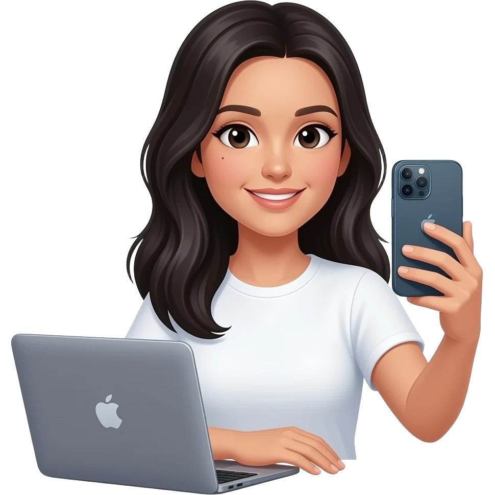 Mujer con cabello LARGO negro lacio con ligeras ondas, de piel normal NO morena, es importante con un lunar en el cachete derecho, con ojos negros, grabandose a ella misma, donde mire la cámra del iphone 15 pro y una mackbook a su lado, con remera blanca NO CAMISA,  que no sonria emoji