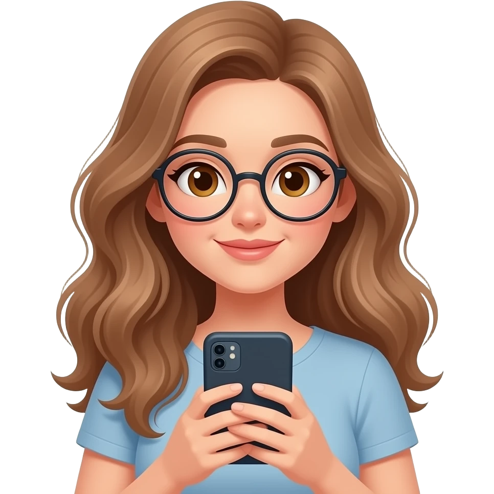 detailed emoji illustration of a curvy woman with long light brown wavy hair, light brown eyes and round glasses reading on her phone, casual modern reading vibe, cute emoji style emoji