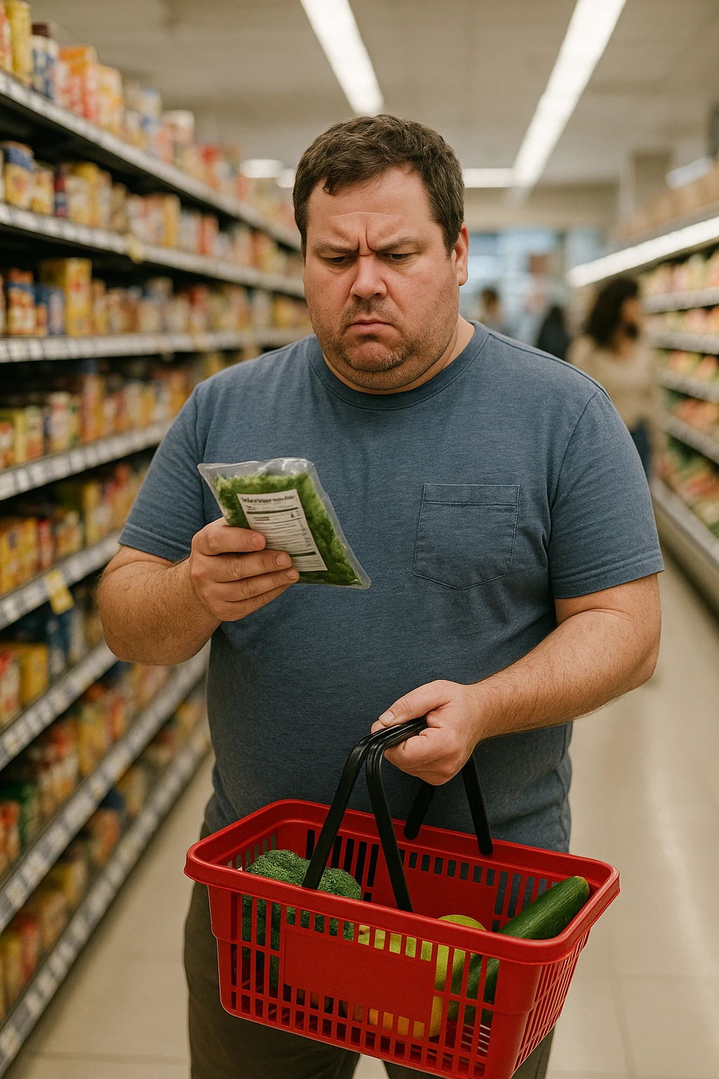 a man in casual clothes walks through a grocery store, looking at a nutrition label with a furrowed brow. Despite choosing healthy options, his body remains overweight. Other shoppers pass by, and the lighting is natural, capturing a moment of everyday life and genuine confusion. emoji