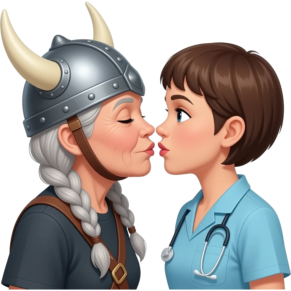 Viking helmet older woman with gray braids kissing older pixie hair brunette nurse on lips emoji