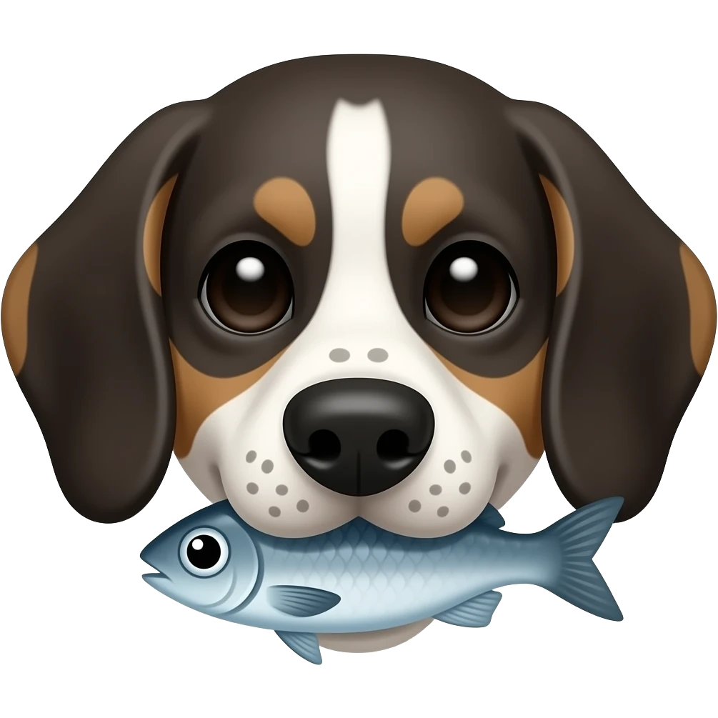Black white beagle face black ears freckled nose fish in mouth emoji