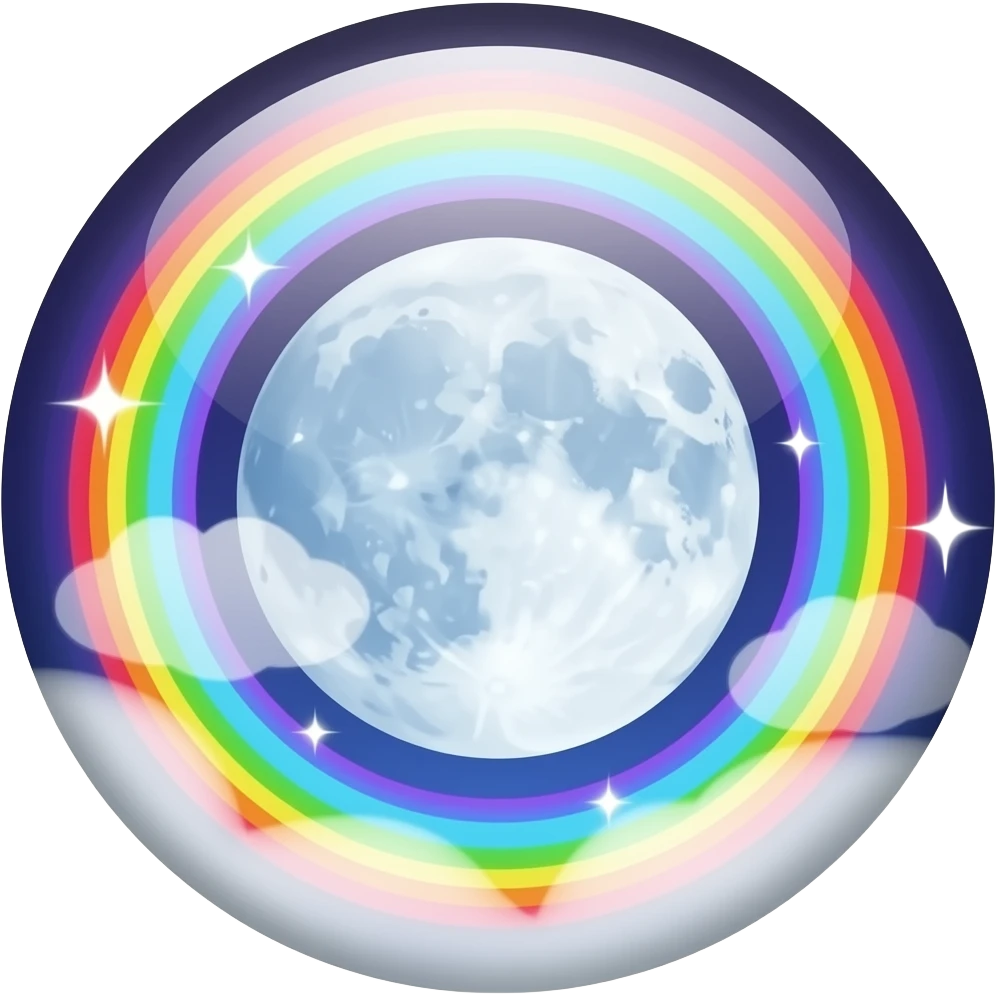 Beveled button with Neon rainbow colored damask style full moon with stars and clouds in the center emoji