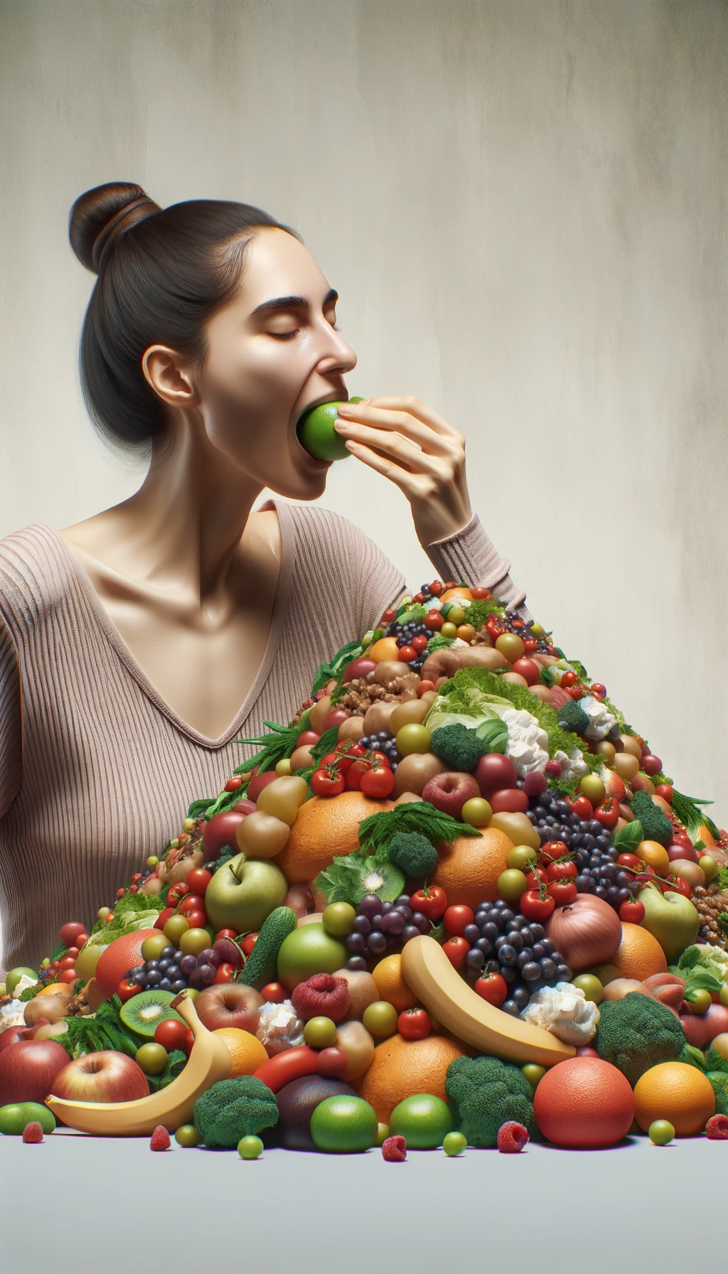 donna che mangia una montagna di frutta e verdura, SFONDO molto CHIARO NEUTRO, colori realistici, iperrealistico 4k emoji