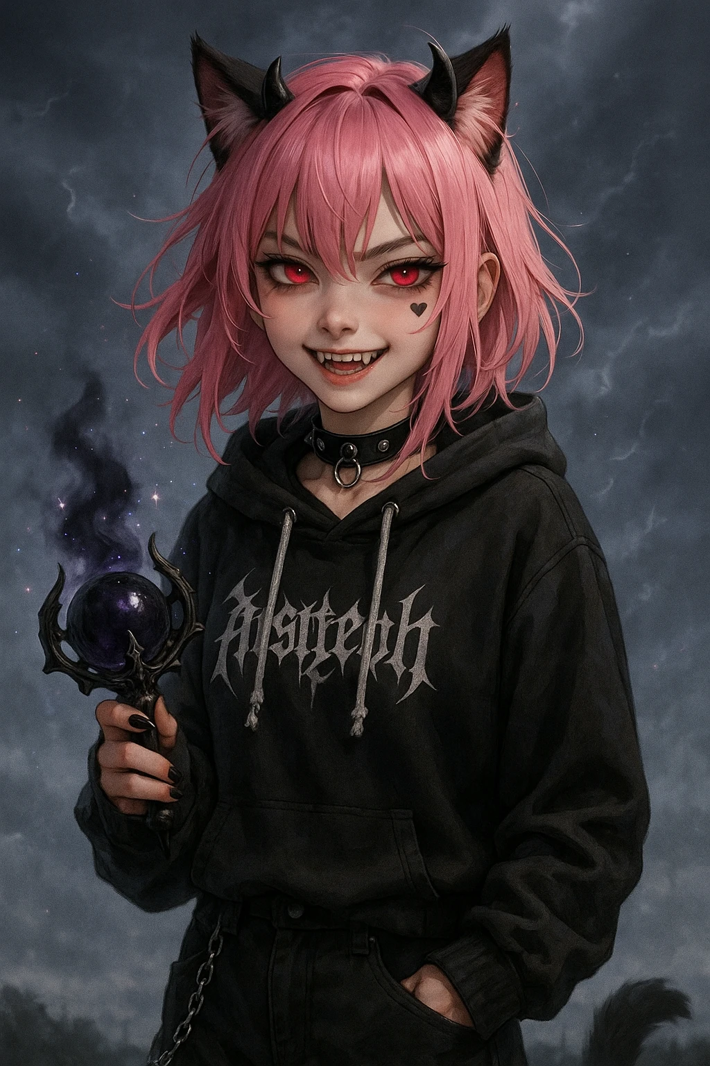realistic anime catgirl with pink hair, emo streetwear, heart tattoo under left eye, dark magical accessory, sparkles, stormy background, devilish look with small black horns, red glowing eyes, sharp fangs, mischievous grin emoji