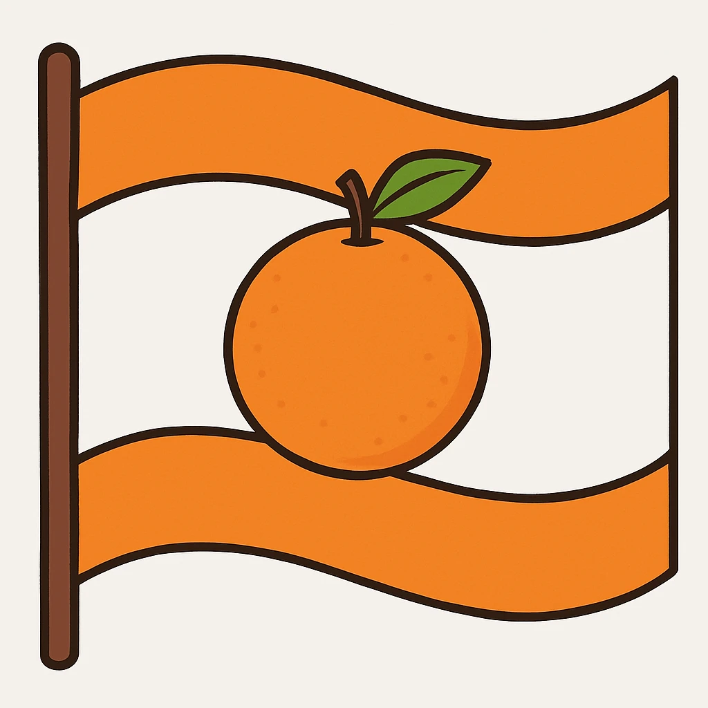 Reduce the size of the mandarin, remove any human elements, make the background white, and keep the flag style with orange stripes at the top and bottom. Maintain the overall composition and style as in the original image. emoji