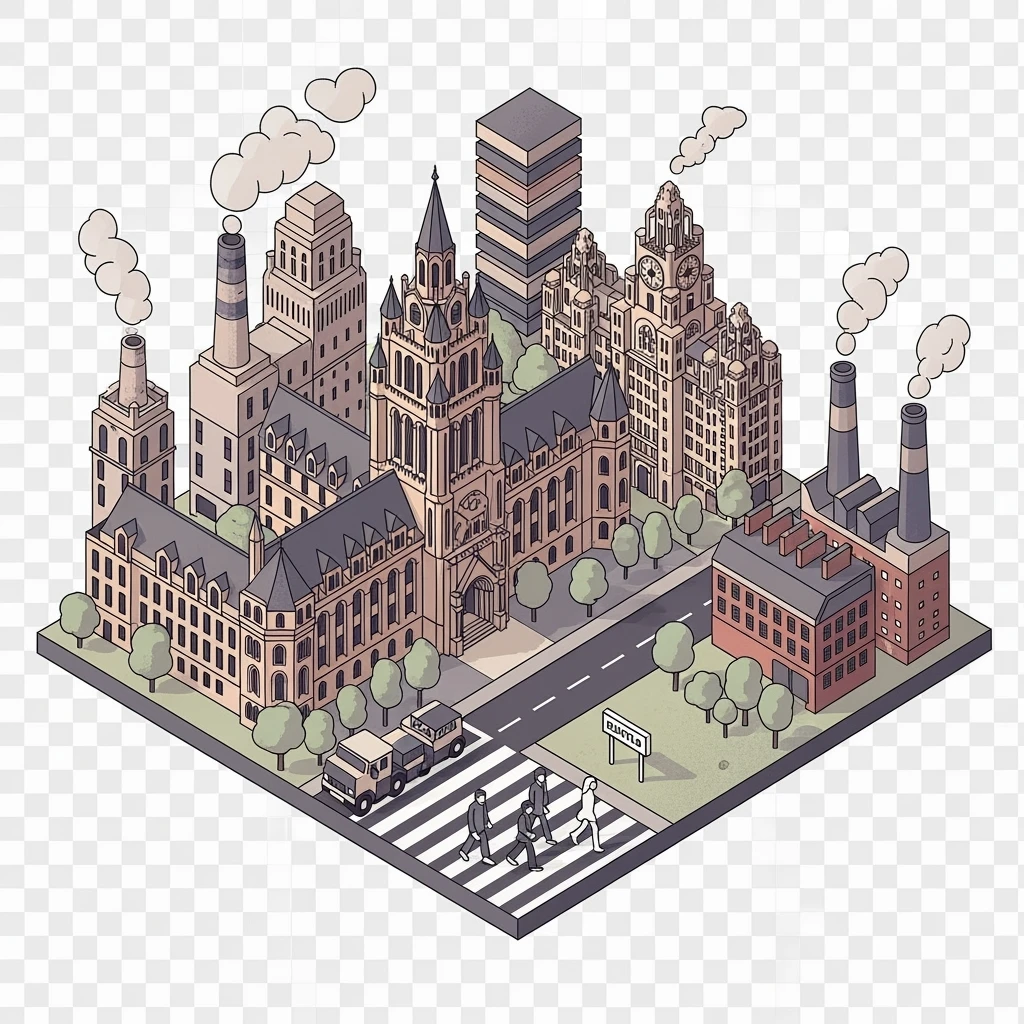 Isometric illustration of Manchester and Liverpool combined, featuring Beatles references (Abbey Road sign), Manchester Town Hall, toy-style factories, muted pastel tones, transparent background emoji