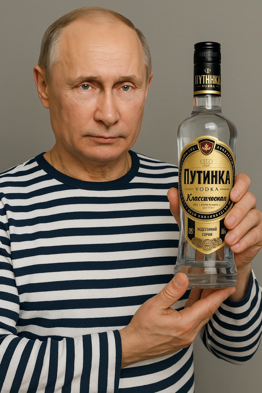 Сгенерируй мне как владимир путин в тельняжке держит эту водку, и на ней прям написанно Путинка emoji