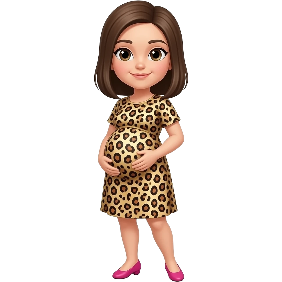 Short pregnant women. Wearing a cheetah print dress and pink shoes. She has brown semi straight hair in a  side part emoji