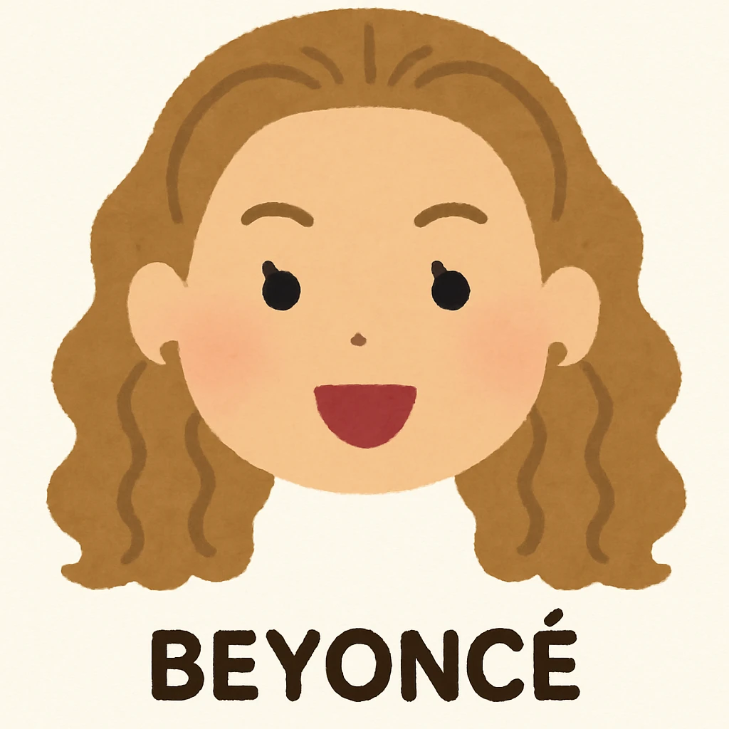 Beyonce's head in Irasutoya style, cheerful expression, simple cartoon, soft colors, round face, minimal details emoji