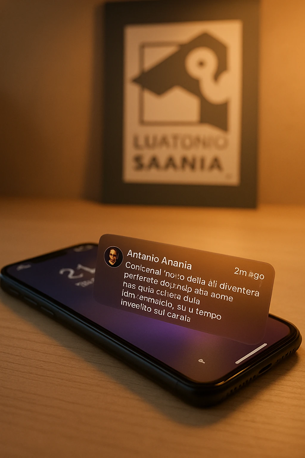 A photo of an iPhone with the message "Antonio Anania" on its scree, both surrounded by soft light and shadow. The phone sits atop a desk with a blurred background that suggests work environment. A faint glow from above casts gentle shadows across the surface of each object, creating depth and highlighting their textures. emoji