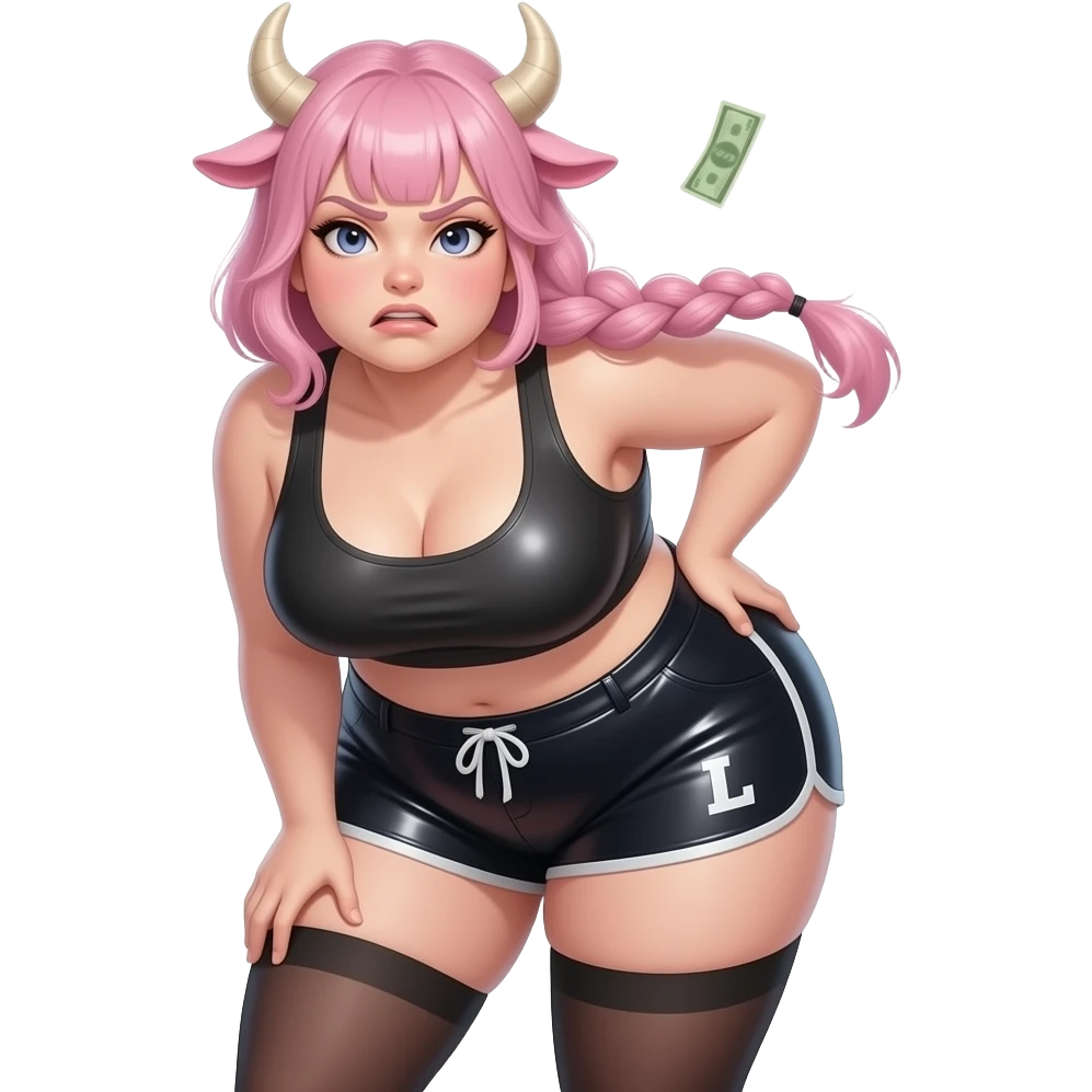 shy buff curvy chubby woman with disgusted face expression  with light pink hair leans forward touches her braid with her strong fat thights with cow horns and cow pink ears with big butt in a short latex shorts with a l  with knee socks and  front view. bust framed. money rain emoji