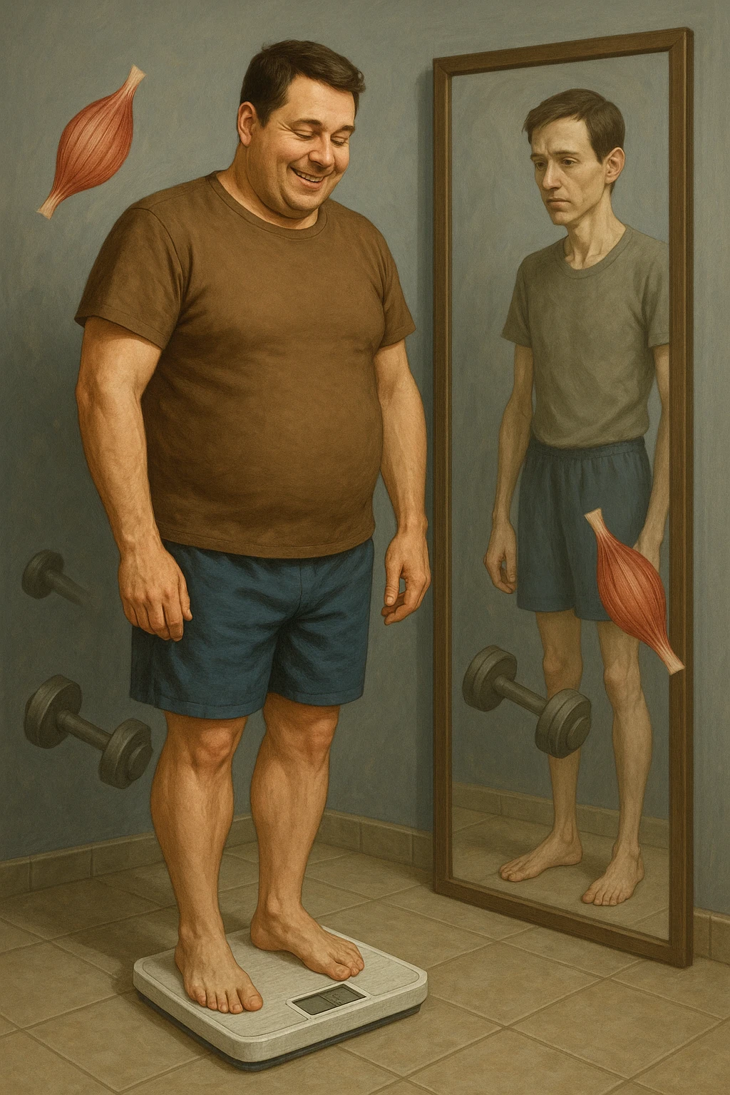 a man stands on a scale, smiling at the lower number, but his reflection in a nearby mirror shows a thinner, but also visibly weaker and less muscular body. Around him, floating icons or faded images of muscle fibers and dumbbells highlight the overlooked loss of muscle mass. The mood is cautionary and educational. in italiano emoji