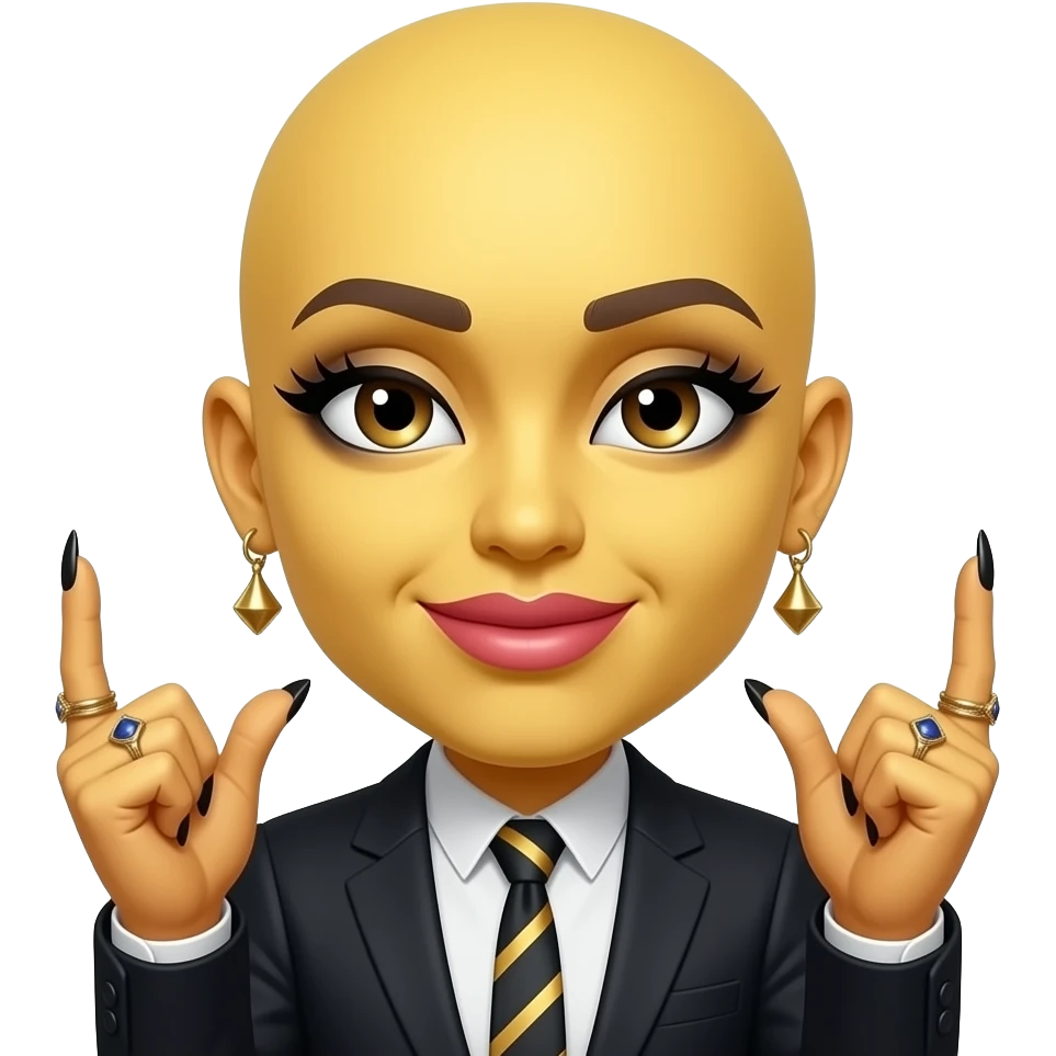 a regular round yellow emoji but with long eyelashes smokey eyes and eyeliner with plumped lips and it is doing the sassy hand movement with both hands and the hand has really long nails it has rings and earings emoji