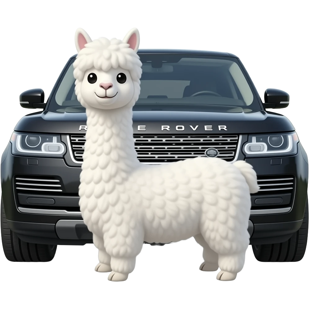 Alpaca emoji styled hair please white  realistic alpaca funny face but cute with nice hair full body sat next to black range rover car emoji