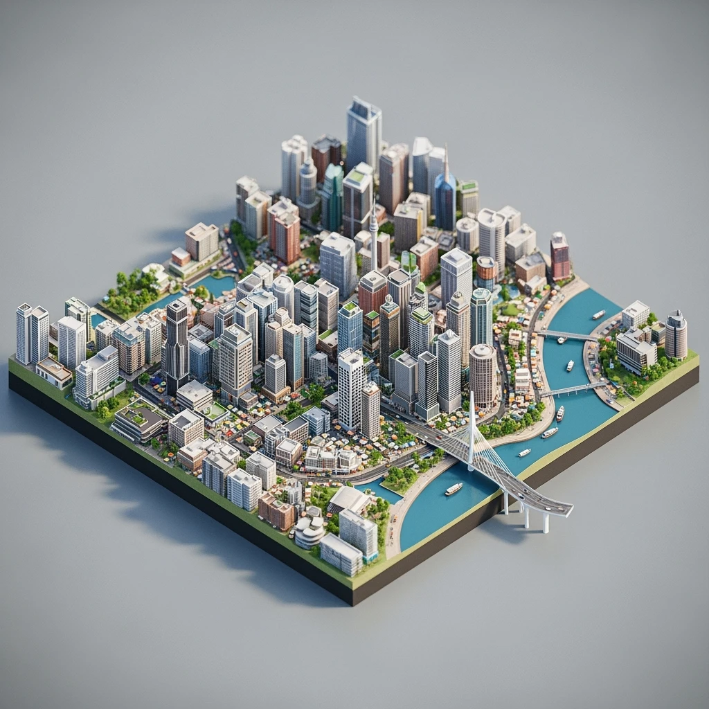 Isometric miniature of Lagos Nigeria 3D miniature effect and Tilt Shift effect, no cartoonish look, transparent background, don't cut angles emoji