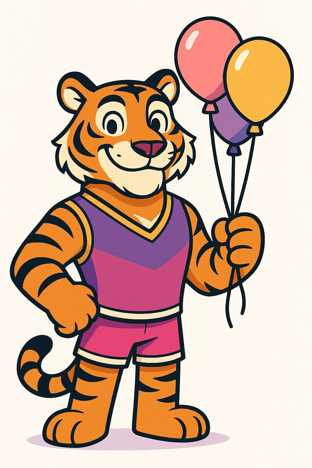 cartoon-style male tiger mascot standing upright smiling confidently with big eyes and a friendly expression wearing a purple and fuchsia vest or t-shirt holding party balloons in one hand clean modern colorful style with bold outlines and smooth shading color palette purple to fuchsia gradient gold accents white details energetic and fun perfect for a party and event company plain white background emoji