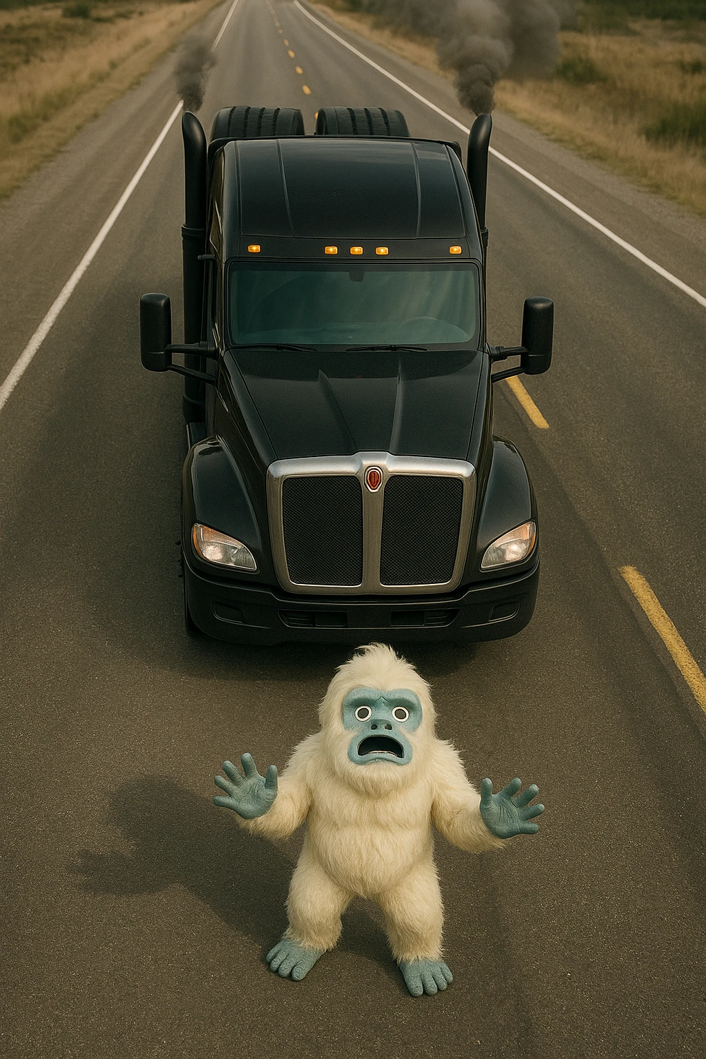 Make the scene more realistic: a small yeti (abominable snowman) on a long highway in front of a modern black Kenworth W680 flat top semi sleeper, top-down view, realistic lighting and details, no text. emoji