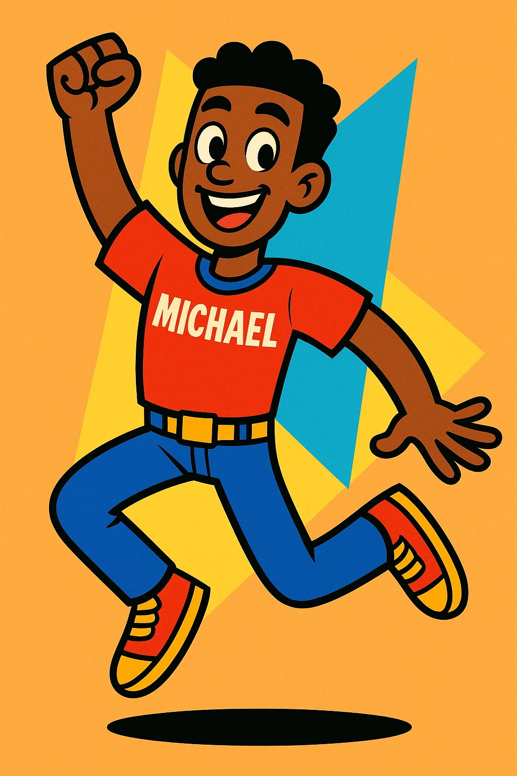 vibrant toon version of Michael, energetic pose, bright colors, friendly face emoji