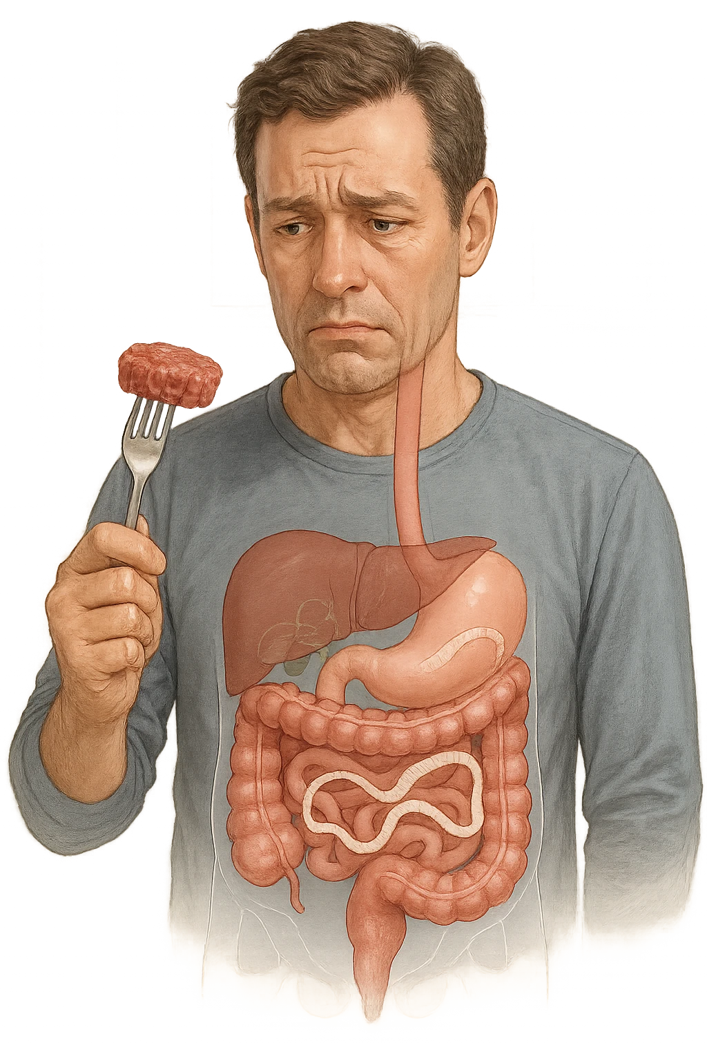 A realistic, high-quality medical illustration showing a concerned man in his early 40s holding a piece of raw beef tartare on a fork, looking at it with a worried expression. Behind him, a transparent overlay of his digestive system reveals the presence of Taenia saginata (beef tapeworm), depicted as a long, segmented white worm inside his intestines, symbolizing the infection. The environment is a kitchen with bright but neutral lighting, creating a serious educational tone. Subtle anatomical highlights and clean medical graphics convey the concept of parasite transmission through undercooked beef, emphasizing food safety and health awareness. emoji