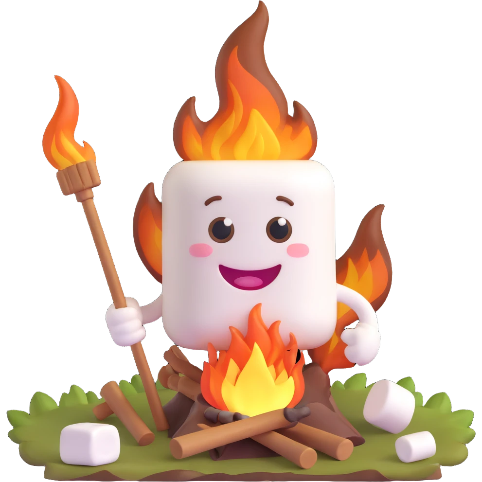 expressive and fun marshmallow being roasted over a campfire emoji