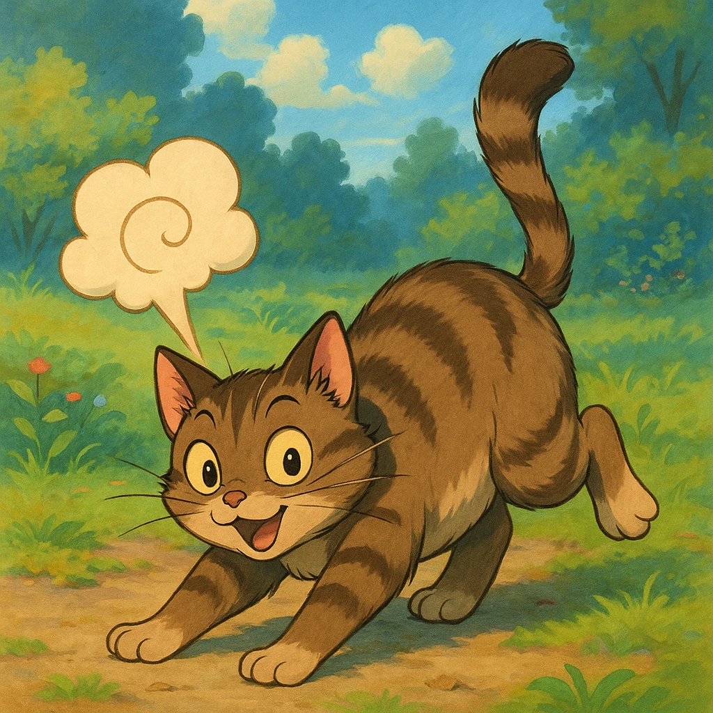 cat in a whimsical pose with a stylized fart cloud, ghibli-inspired style emoji