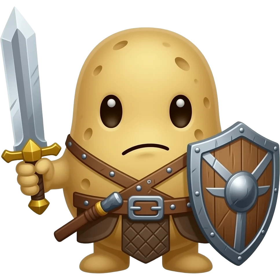 A potato warrior assassin character with a sword and sheild emoji