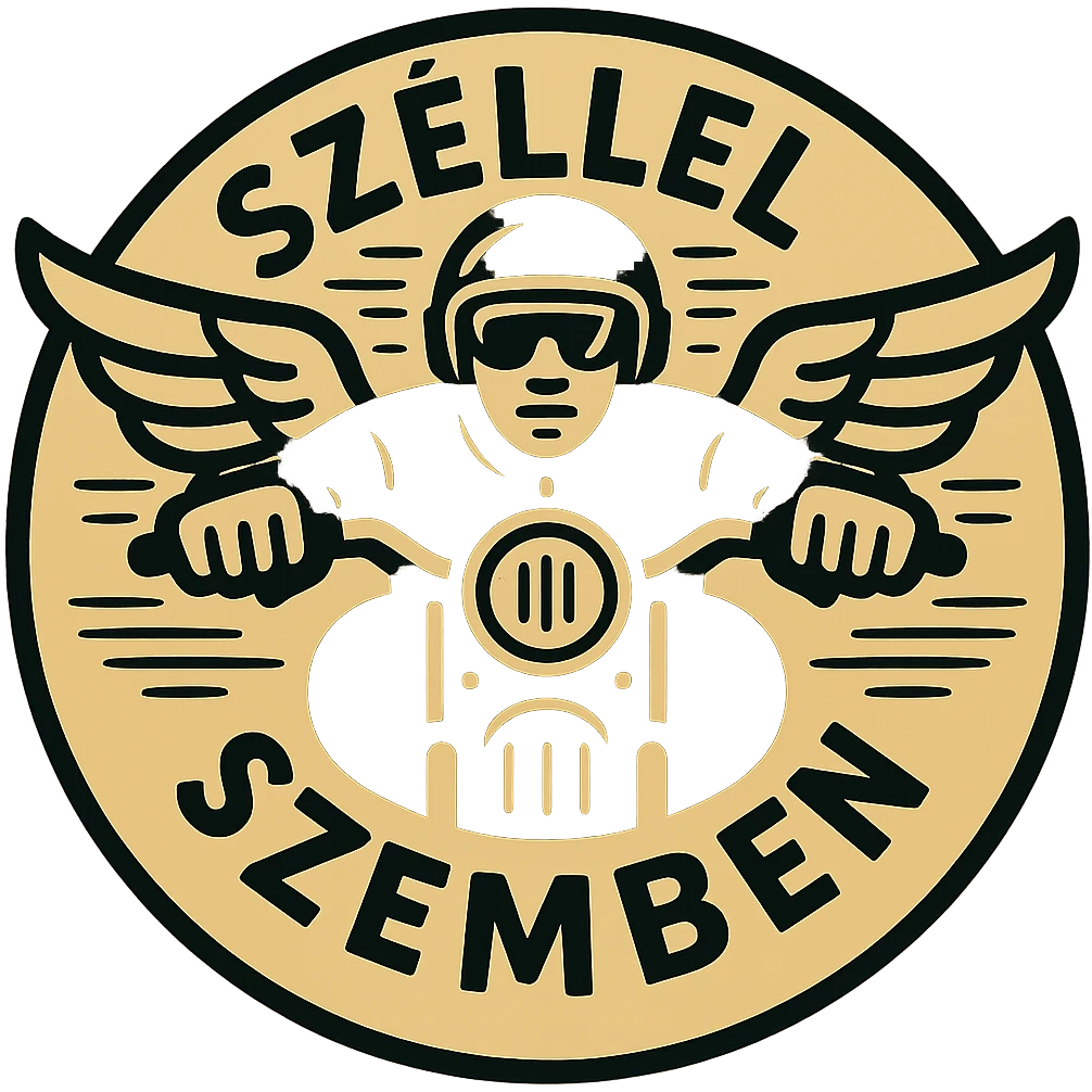 Edit the image to correct the text to 'SZÉLLEL SZEMBEN' instead of 'SZÉLLEEL SZEMBEN'. Keep the graphic, style, and layout unchanged. The image is circular with a transparent background and includes motorcycle motifs. Maintain all these elements exactly as they are, only fix the text typo. emoji
