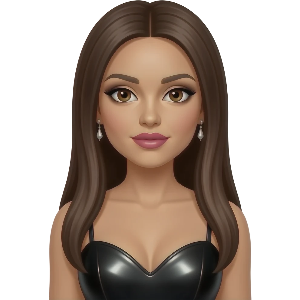 Melody Thornton from The Pussycat Dolls with dark brown eyes, long brown straight hair, black eyeshadow, pink lipstick, black metallic sweetheart dress, earrings emoji