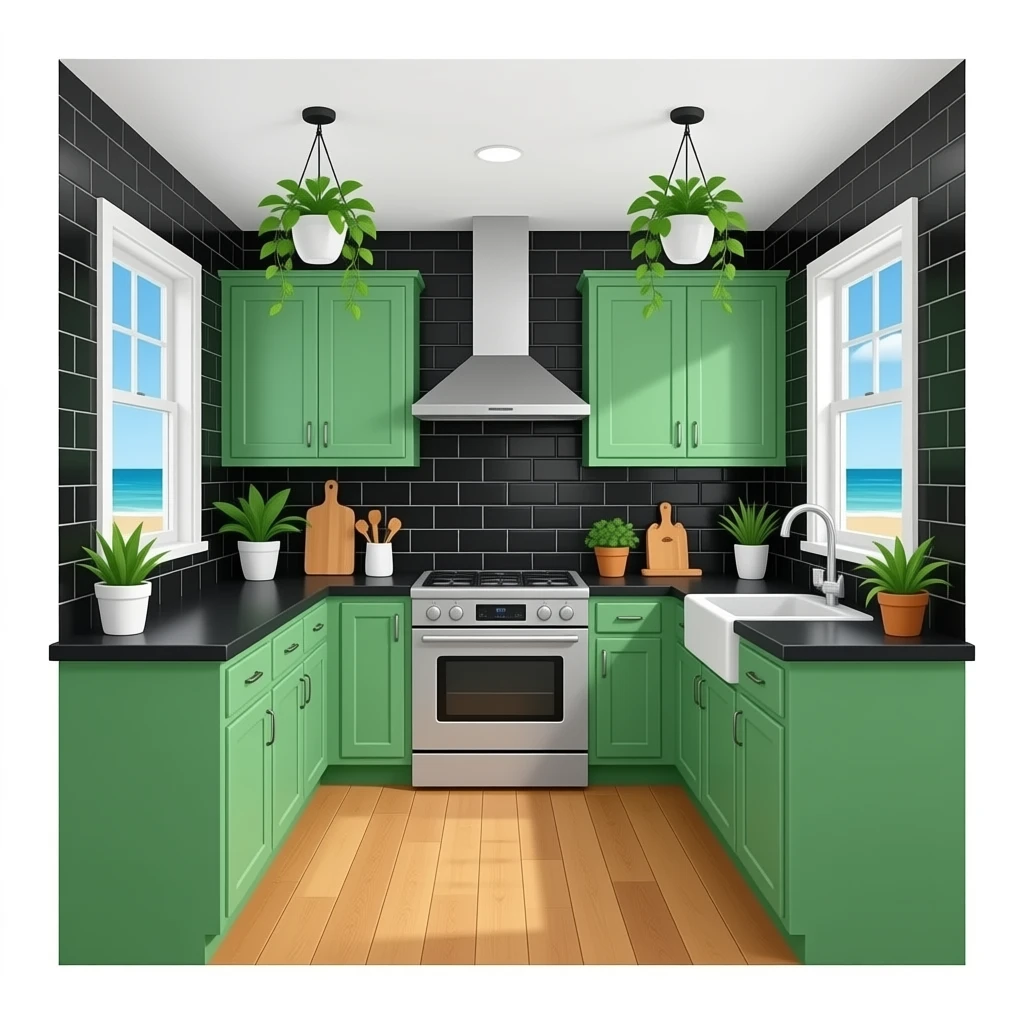 fancy kitchen with black wall tiles, kelly Green cabinets, black countertops, wood floors and decorative plants on the ceiling, on the beach emoji