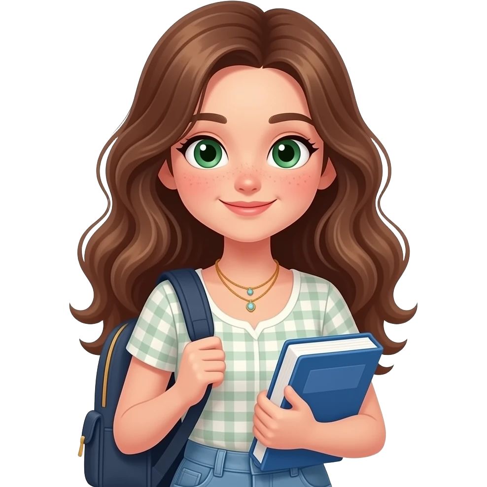 CUTE GIRL PREPPY WITH not volominous WITH WAVEY LONG BROWN HAIR, FRECKLES AND GREEN EYES IN CUTE TOP WITH NECKLES, STUDY GIRL emoji