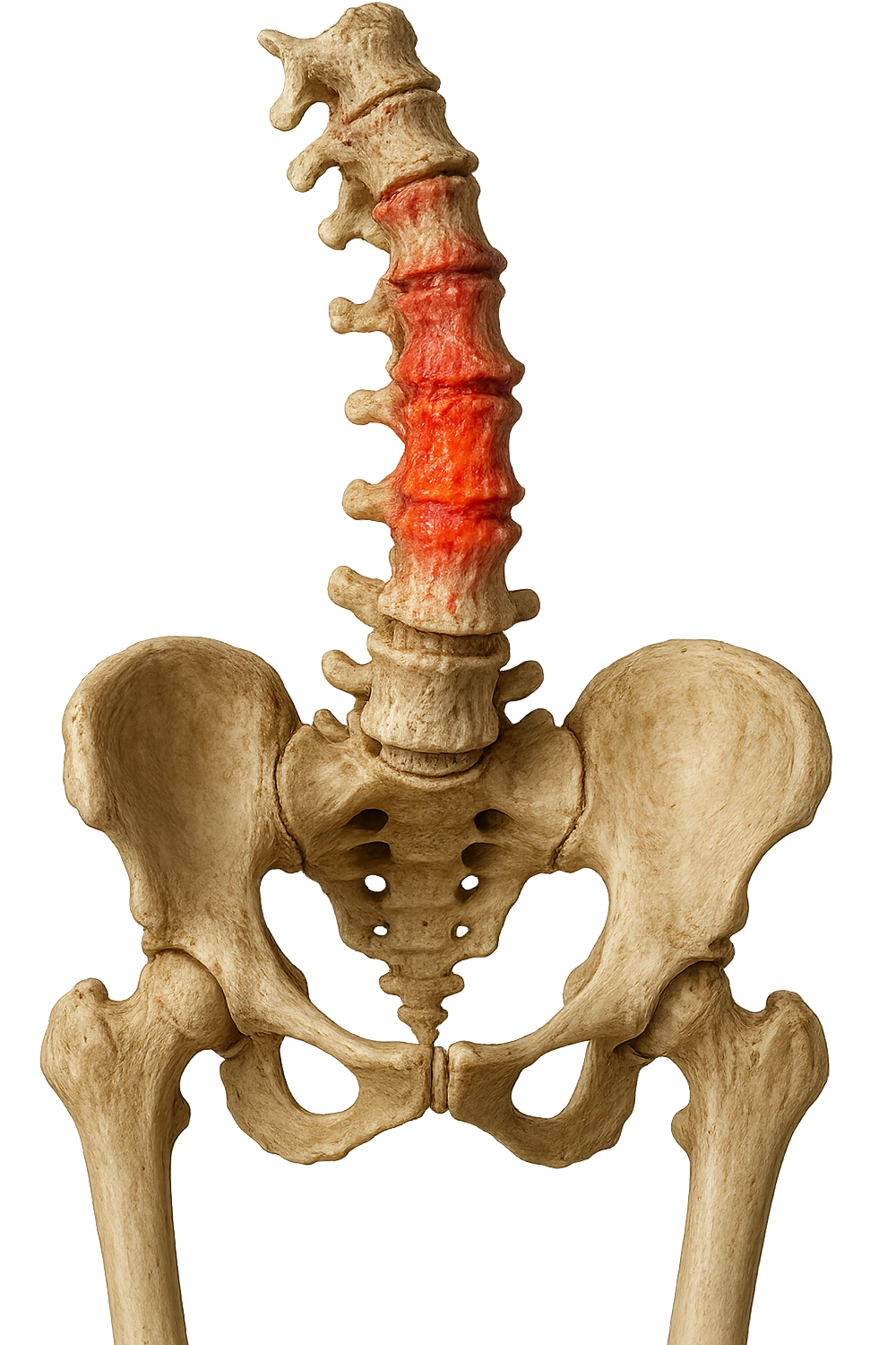 SPINA DORSALE STORTA E INFIAMMATA CON BACINO UMANO ANATOMICO REALISTICO INCLINATO, iperrealistica 4k emoji