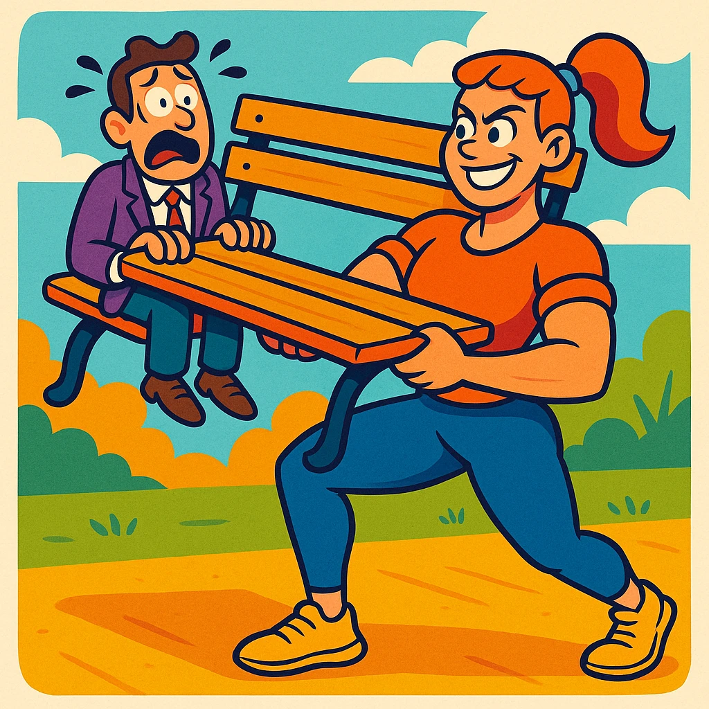 A humorous scene of a woman holding a bench with a scared man sitting on it, colorful and dynamic, vibrant cartoon style emoji