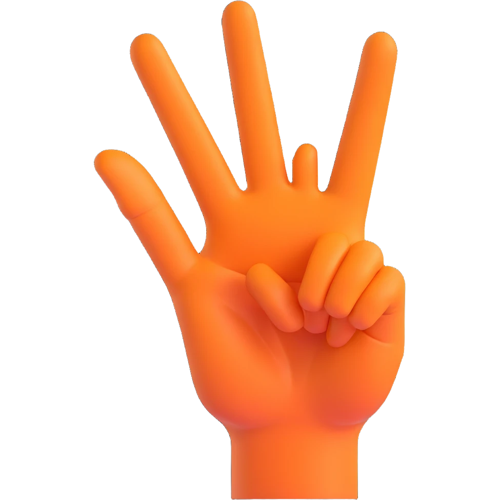 mano haciendo el signo de la paz con la palma hacia adentro al revés, estilo 3D emoji