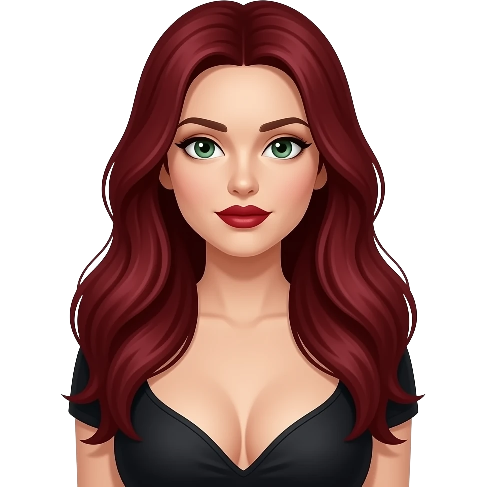 Weiblich, lange dunkelrote Haare, helle Hautfarbe, dunkelroter lippenstift, dunkelgrüne augen und ein schwarzes top und große oberweite emoji