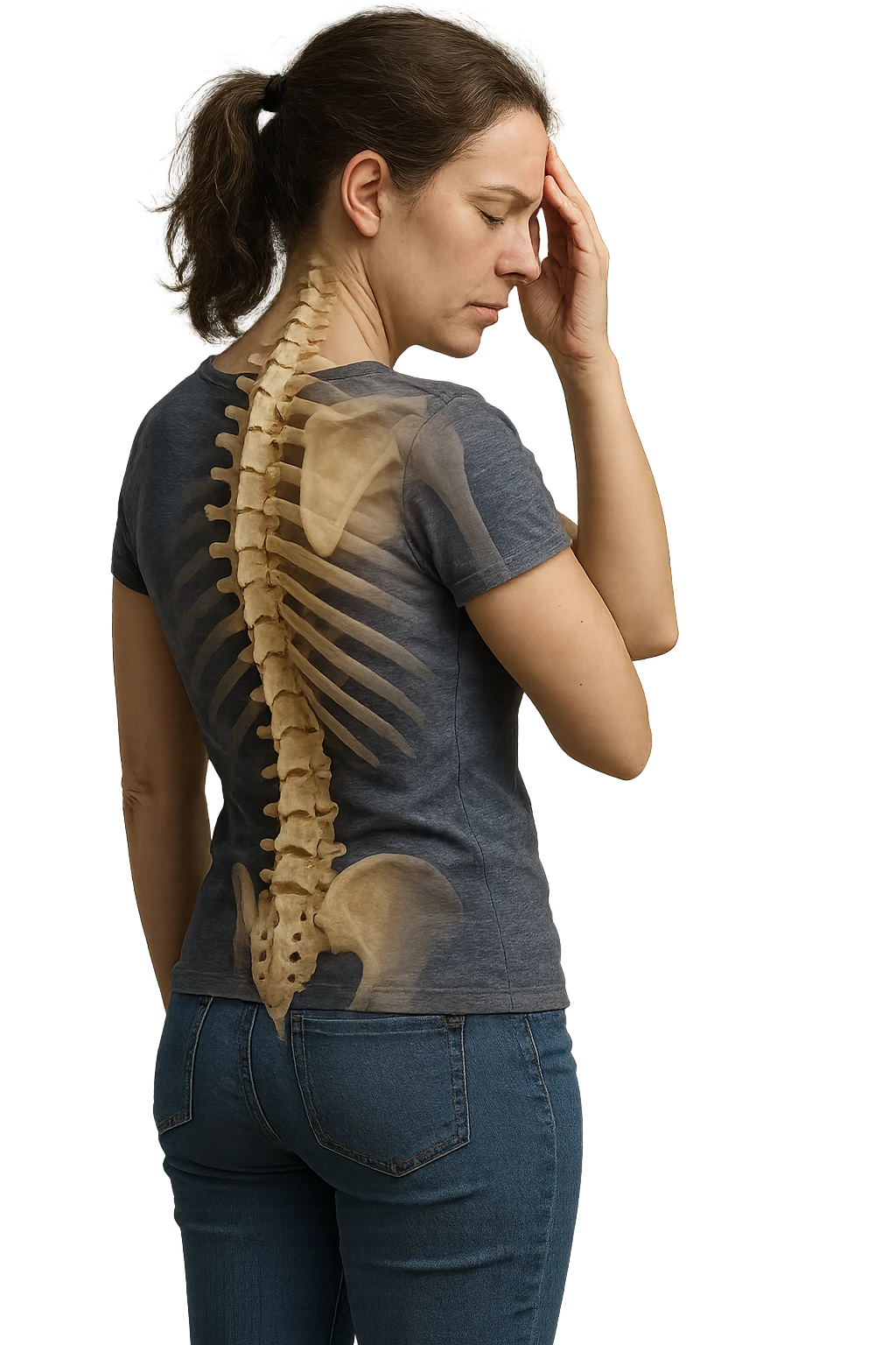 donna stanca a figura intera che si tiene una mano sulla tempia con spina dorsale anatomica visibile, iperrealistico 4k emoji