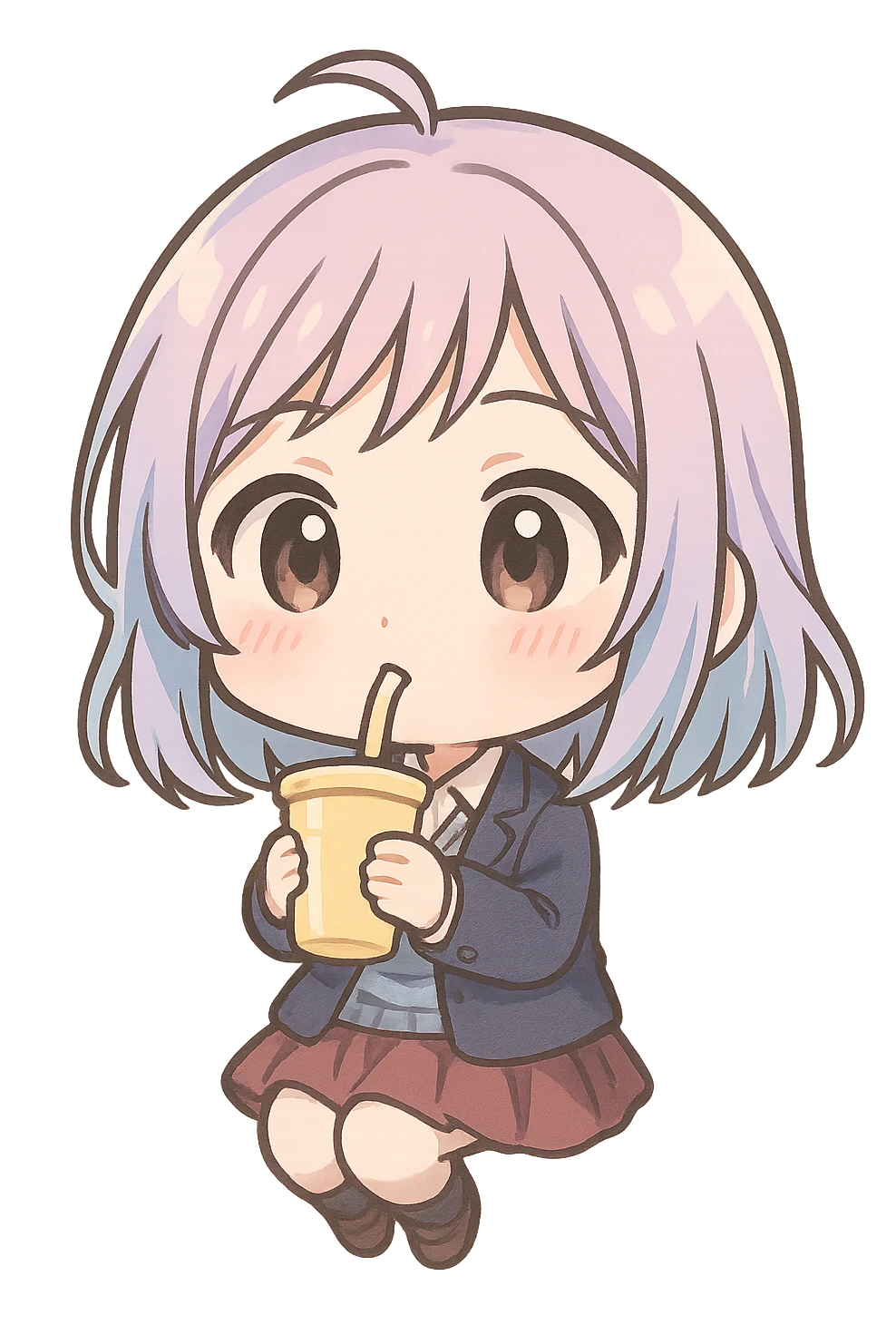 Kitsui Akira sipping a drink, chibi style, oversized head, cute expression, pastel colors emoji