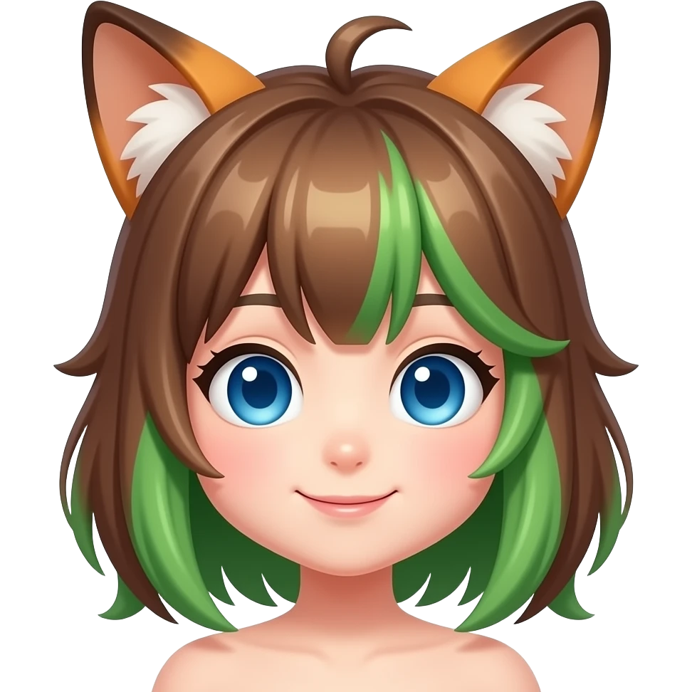 Brown and green hair with blue eyes vtuber with a funny face with fox ears emoji