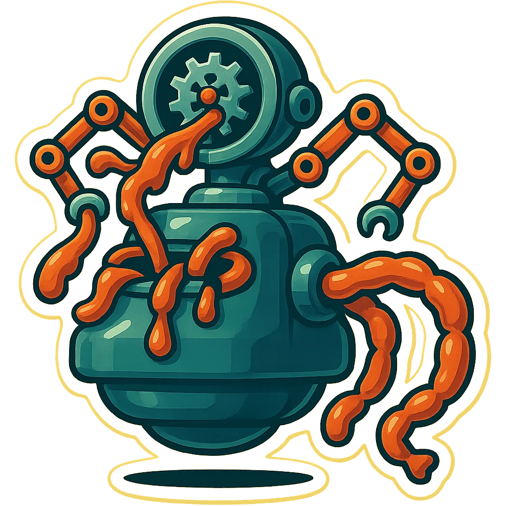 sausage-processing droid. retro-futuristic style. top is a large circular industrial grinder rotating gears and blades. Two robotic arms feed material into grinder. Sausage links extrude from the rear like  factory. The body is metallic, compact, and floats above the ground.no legs. Dark humor emoji