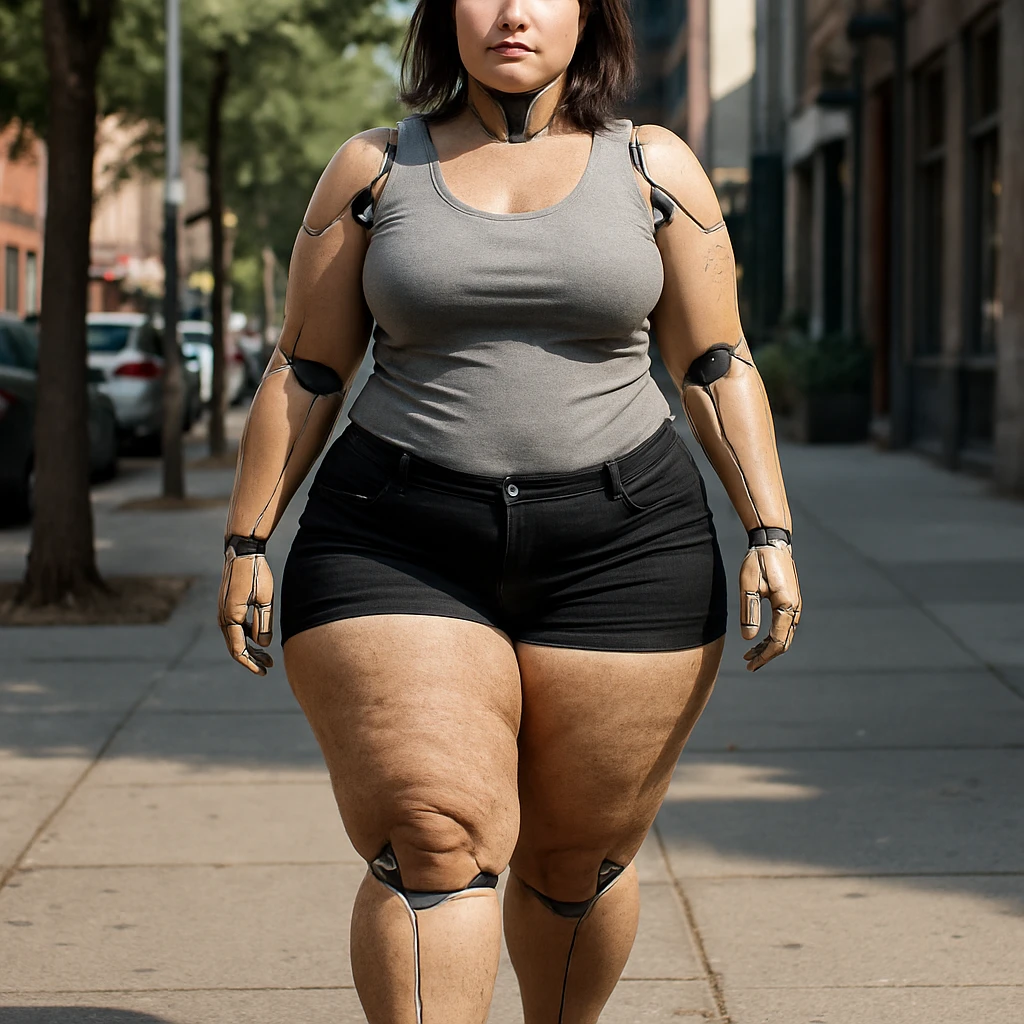 hyper realistic 4K gynoid woman walking outdoors, fat on legs and thighs, urban background, relaxed atmosphere emoji