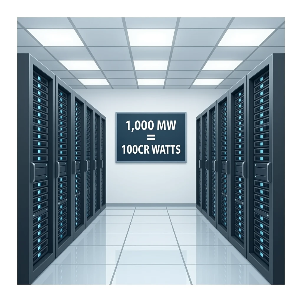 A data center with a text 
"1,000 MW = 100CR WATTS" emoji