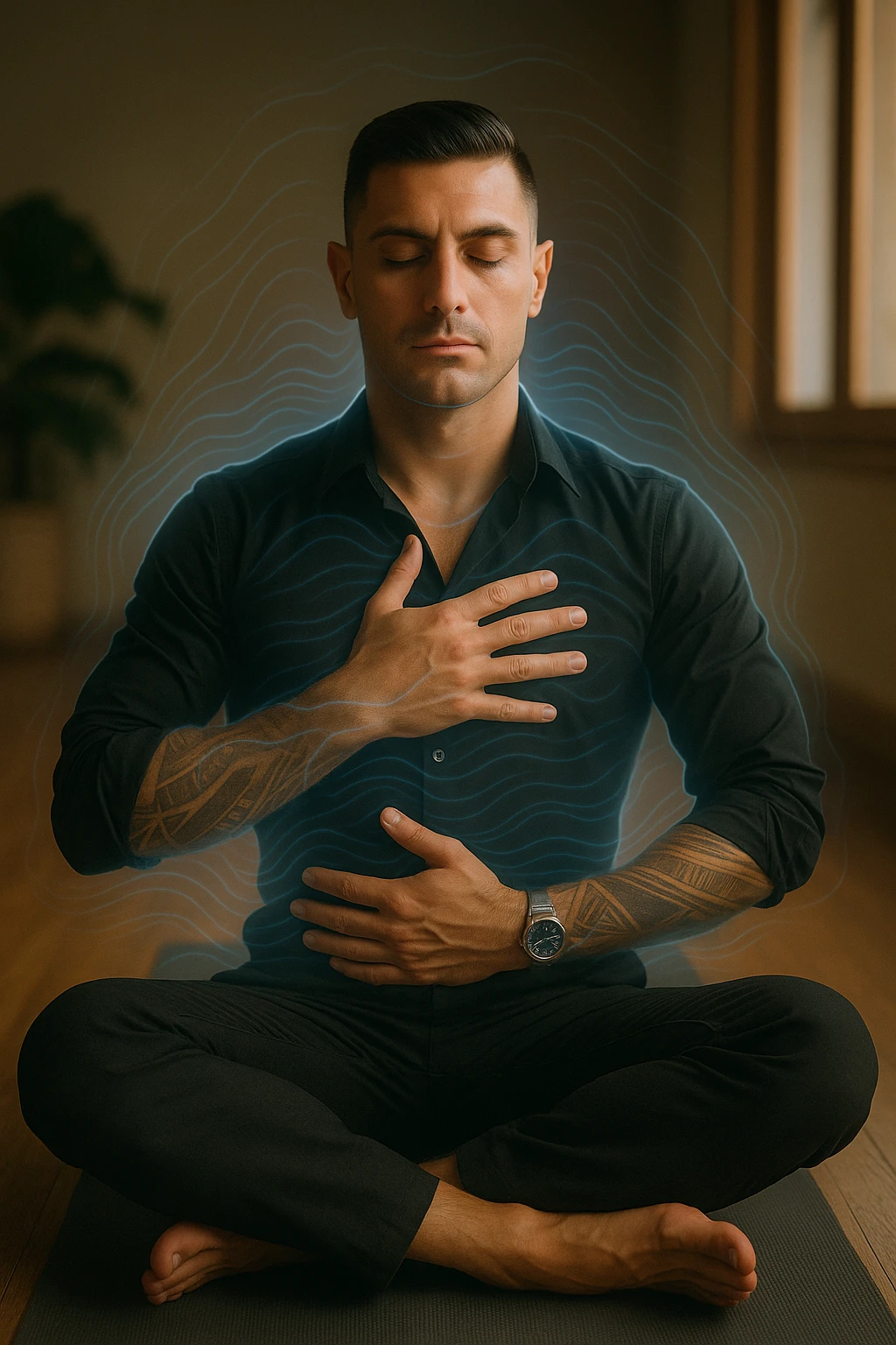 A highly realistic, cinematic portrait of a man in his early 30s with a calm, focused expression, sitting cross-legged on a yoga mat in a softly lit room. His eyes are closed, and he is performing deep diaphragmatic breathing, with one hand resting on his chest and the other on his abdomen, visibly rising and falling with each breath. A subtle glow or faint blue light outlines his body, symbolizing calm energy and nervous system regulation. Around him, faint symbolic waves or flowing lines in blue tones represent the breath calming the autonomic nervous system, while a soft warm light from a window illuminates his relaxed face. The atmosphere is peaceful and grounded, with warm natural tones and a clean, minimalist setting, evoking the feeling of inner calm and nervous system reset through conscious breathing. Style: 35mm hyperrealistic film photography, soft depth of field, warm lighting with clear focus on the man's peaceful face and breathing posture emoji