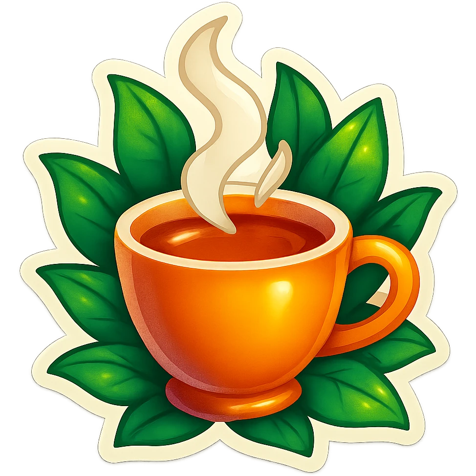 sticker featuring a steaming tea cup, forest leaves, and a raven perched on a stack of books, soft textured dark academia and cottagecore style, warm muted colors, torn paper and ink drawing textures, aesthetic and literary emoji