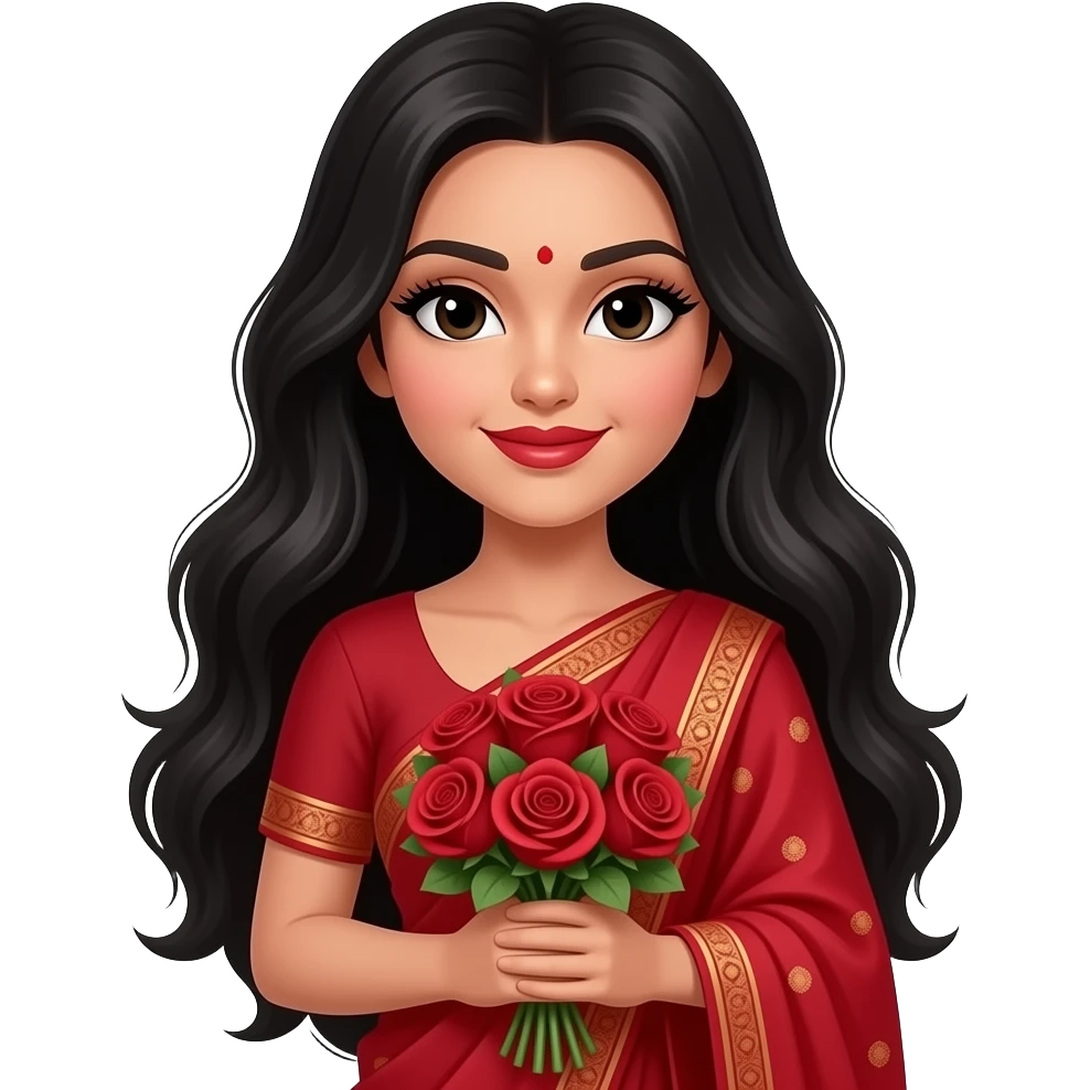 Gorgeous woman with long, black, silky hair and pale white skin in a red saree and red heels. red lipstick and long black eyelashes. She is holding a bouqet of red roses emoji